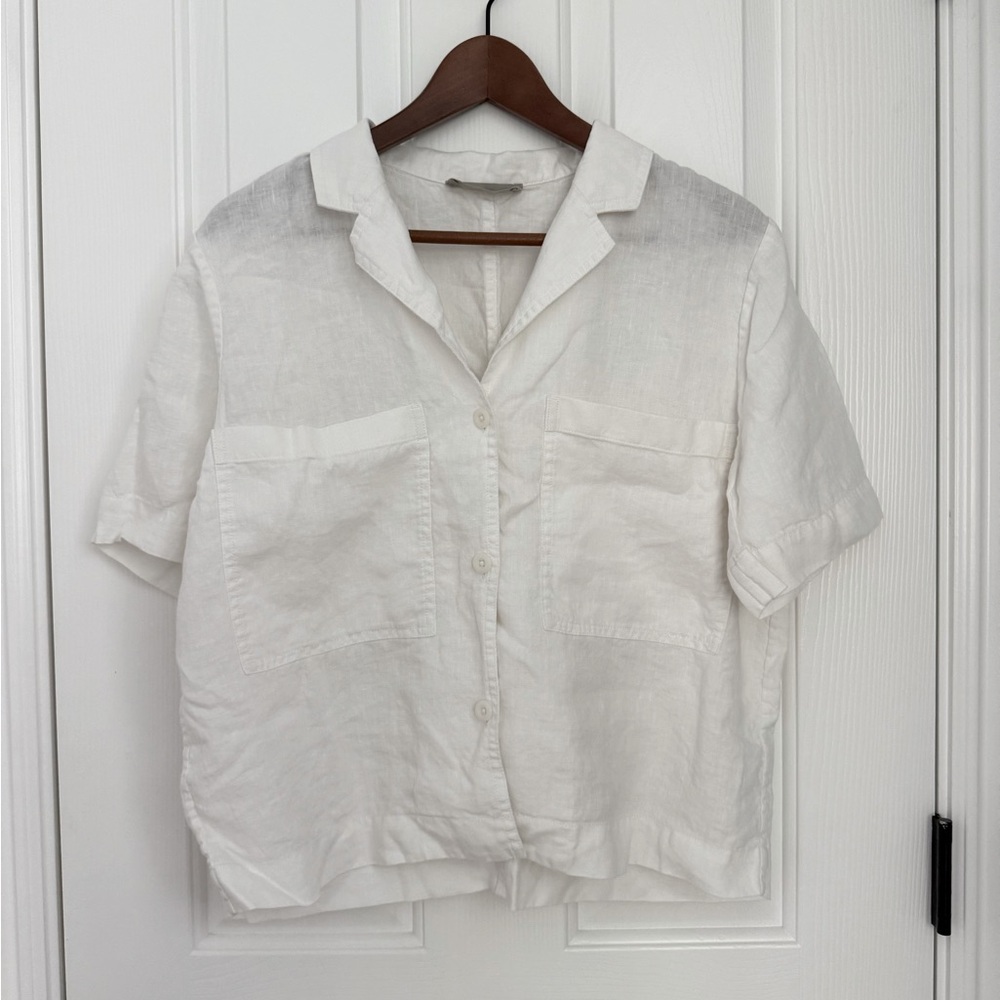 Everlane 100% Linen White Boxy Short Sleeve Button Up Top